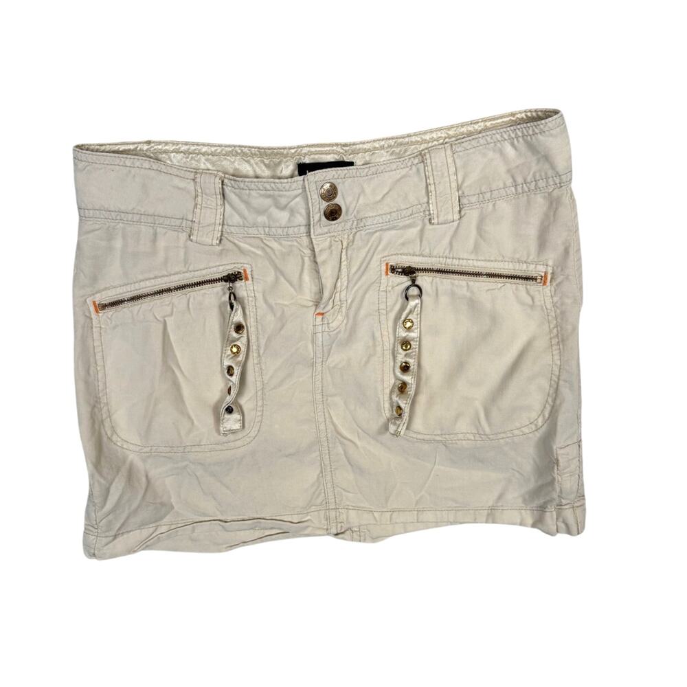 Y2K Vintage BEBE Cargo Utility Mini Skirt Off White Boho Cream Bling 4
